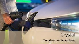  Presentation with electric vehicle - Presentation theme featuring charge - young woman charging an electric background and a soft green colored foreground