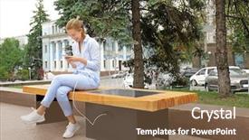  Presentation with mobile charging - PPT theme with charge - young woman charging mobile phone background and a tawny brown colored foreground