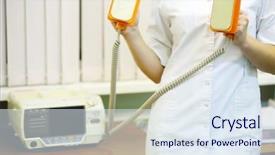  Presentation with doctor cartoon - Audience pleasing PPT theme consisting of charge nurse - doctor in white holds electroshock backdrop and a sky blue colored foreground