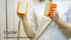  Presentation with rubber gloves doctor puts - Slide set with charge nurse - doctor puts electroshock probes close background and a mint green colored foreground