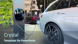  Presentation with electric car - Cool new PPT theme with charging modern electric car on the street which are the future of the automobile - image backdrop and a ocean colored foreground