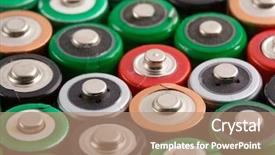  Presentation with batteries - PPT layouts enhanced with charging pile - many colorful batteries background and a coral colored foreground