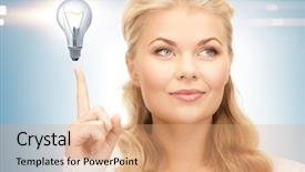  Presentation with light bulb - PPT layouts with charging point - beautiful woman pointing her finger background and a  colored foreground