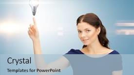  Presentation with alternative energy idea light bulb - Cool new PPT theme with charging point - beautiful woman pointing her finger backdrop and a  colored foreground