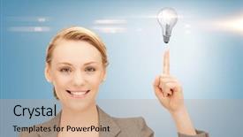  Presentation with alternative energy idea light bulb - Amazing theme having charging point - beautiful woman pointing her finger backdrop and a  colored foreground