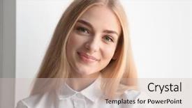  Presentation with happy smiling woman dental health - Theme featuring charismatic - smiling woman in white blouse background and a  colored foreground