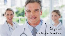  Presentation with doctor office - Amazing PPT layouts having charismatic doctor standing with colleagues backdrop and a light blue colored foreground
