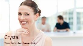  Presentation with coworkers - Slide deck having charismatic person - smiling businesswoman looking background and a lemonade colored foreground