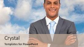  Presentation with calvary religious cross against - Colorful presentation theme enhanced with charismatic young businessman with arms backdrop and a soft green colored foreground