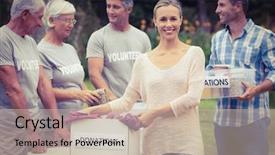  Presentation with volunteer - Slide set enhanced with charity event - happy volunteer family separating donations background and a soft green colored foreground