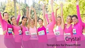  Presentation with breast cancer awareness - Colorful presentation theme enhanced with charity event - smiling women running for breast backdrop and a coral colored foreground