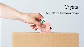  Presentation with investment money - PPT theme consisting of charity finances funding investment and people concept - male hand putting euro money into donation box background and a sky blue colored foreground