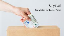  Presentation with investment money - Beautiful theme featuring charity finances funding investment and people concept - man putting euro money into donation box backdrop and a white colored foreground