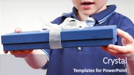  Presentation with personal package - Colorful slides enhanced with charity kids - young boy offering pretty package backdrop and a ocean colored foreground