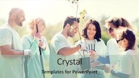  Presentation with teamwork volunteer charity help giving - PPT layouts enhanced with charity people and ecology concept background and a mint green colored foreground