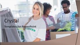  Presentation with rail - PPT theme consisting of cheerful volunteers putting clothes background and a light gray colored foreground