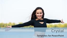  Presentation with nature river - Colorful slide deck enhanced with charming-brunette-girl-smiling backdrop and a light blue colored foreground