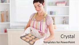  Presentation with muffins - Audience pleasing PPT theme consisting of charming brunette woman showing muffins in a kitchen backdrop and a lemonade colored foreground