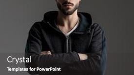  Presentation with confident - Presentation theme consisting of charming casual man wearing tracksuit standing with crossed hands and staring at camera confident on gray studio background background and a dark gray colored foreground