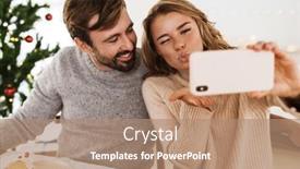 Presentation with christmas dinner - Audience pleasing PPT theme consisting of charming-cheerful-couple-taking-selfie backdrop and a coral colored foreground