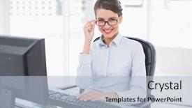  Presentation with classy - Colorful slide set enhanced with charming classy brown haired businesswoman looking at camera over her glasses in bright office backdrop and a light blue colored foreground