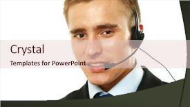  Presentation with customer service - PPT theme having charming customer service representative with headset on isolated on white background background and a lemonade colored foreground