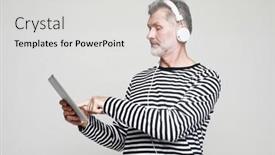  Presentation with using digital tablet - Slide set with charming-elderly-man-communicates background and a  colored foreground