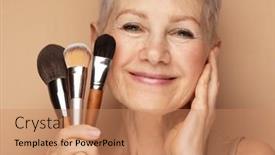  Presentation with brushes makeup - Slide set featuring charming-elderly-woman-holds-makeup background and a coral colored foreground