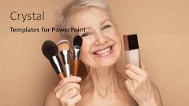  Presentation with brushes makeup - Presentation theme featuring charming-elderly-woman-holds-makeup background and a coral colored foreground