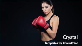  Presentation with boxing - Amazing presentation theme having charming fitness woman standing in boxing gloves on black background backdrop and a black colored foreground