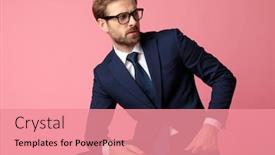  Presentation with pink business - Presentation theme consisting of charming formal business man in navy suit with glasses is sitting and resting his hands on his laps while looking to a side serious on pink studio background background and a coral colored foreground