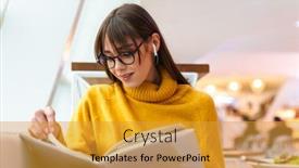  Presentation with child girl reading a book - Colorful slide deck enhanced with charming-happy-girl-in-earphones backdrop and a gold colored foreground