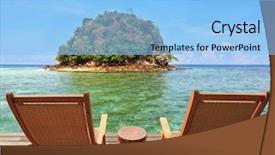  Presentation with green beauty - Theme enhanced with charming landscape a green island in a sea bay with emerald water two wooden chairs - on a wooden platform the comfortable place to enjoy the beauty of the landscape background and a light blue colored foreground