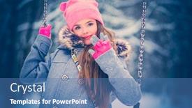  Presentation with swing - Presentation theme consisting of charming little girl on swing in snowy winter background and a teal colored foreground