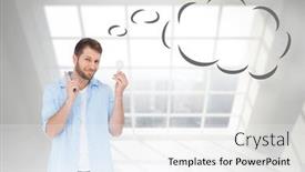  Presentation with thought - Cool new slide deck with charming model holding a bulb in right hand with thought bubble against room with large window showing city backdrop and a white colored foreground