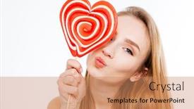 Presentation with lollipop - Theme enhanced with charming playful young woman covered eye with heart shaped lollipop and sending a kiss over white background background and a coral colored foreground