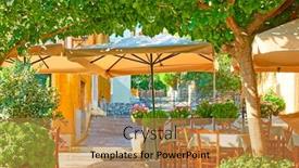  Presentation with tree sky trees green - PPT layouts consisting of charming street cafe with tables in a shade of the trees in plaka district in athens greece background and a gold colored foreground