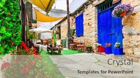  Presentation with cafe - Slide deck with charming-streets-with-cute-cafe background and a mint green colored foreground