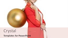  Presentation with golden woman - Theme with charming woman holding big golden tree ball happy new year merry christmas isolated background and a coral colored foreground