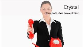  Presentation with red telephone - PPT theme featuring charming woman in suit holding a red telephone while standing against a white background background and a white colored foreground