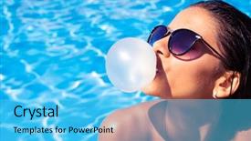  Presentation with bubble tea crystal graphics - Presentation theme having charming woman in sunglasses blowing background and a cyan colored foreground