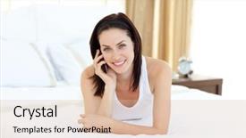  Presentation with phone - PPT theme enhanced with charming woman talking on phone background and a lemonade colored foreground