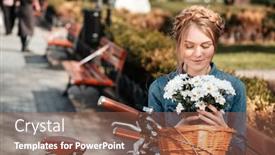  Presentation with young woman diagnosis of sti - PPT theme having charming young woman with bicycle sitting on bench and holding bouquet of flowers background and a violet colored foreground