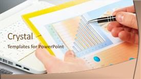  Presentation with financial report - PPT theme featuring laptop chart - businessman's hand showing graph background and a cream colored foreground