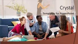  Presentation with team working together - Cool new PPT theme with chart food - team of business colleagues having backdrop and a  colored foreground