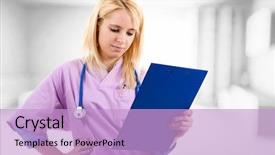  Presentation with laparoscopic nurse - PPT layouts enhanced with chart hospital - young blonde nurse reading background and a  colored foreground