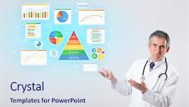  Presentation with aged - Presentation with chart pyramid - middle aged nutritionist with nutrient background and a sky blue colored foreground