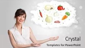  Presentation with cloud - Slide set featuring chart pyramid - pretty woman presenting a cloud background and a  colored foreground