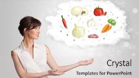  Presentation with healthy - Presentation theme having chart pyramid - pretty woman presenting a cloud background and a light gray colored foreground
