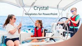  Presentation with kids travel - Colorful presentation enhanced with charter - mother and kids on board backdrop and a sky blue colored foreground